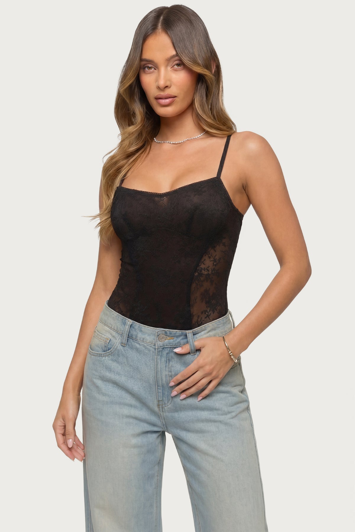 Carinna Sheer Lace Cutout Bodysuit-Milans Time