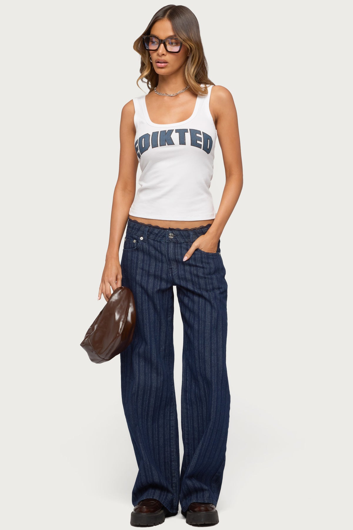 Lace Trim Striped Low Rise Baggy Jeans-Milans Time