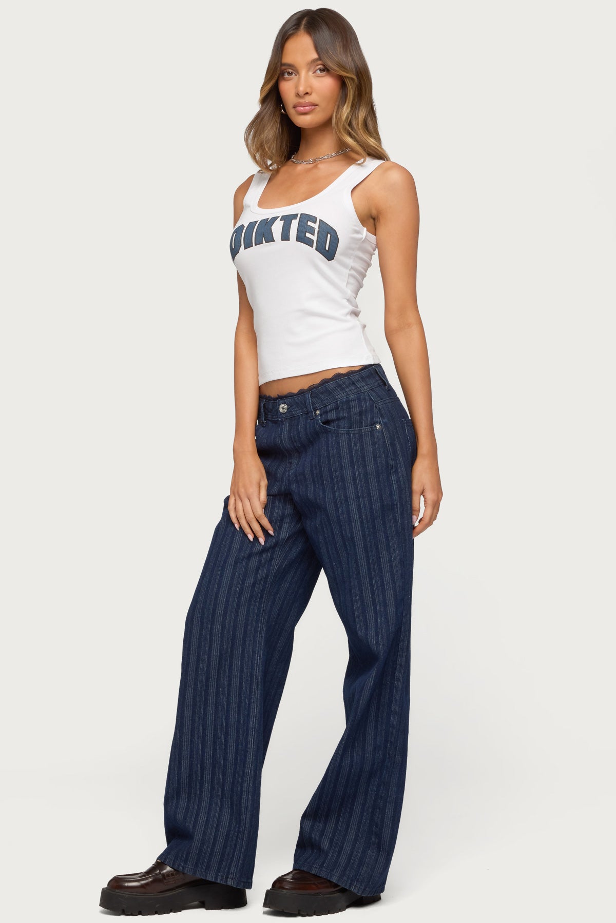 Lace Trim Striped Low Rise Baggy Jeans-Milans Time