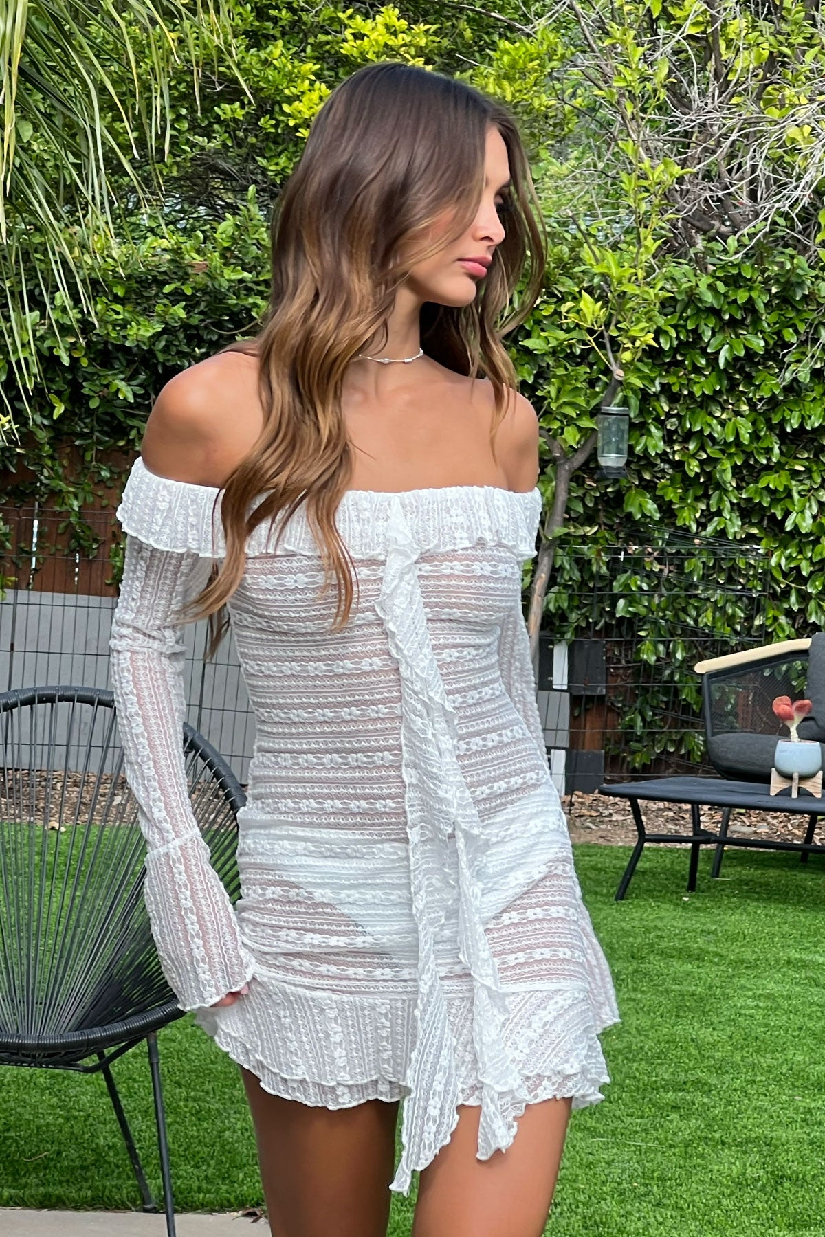 Textured Sheer Lace Mini Dress-Milans Time