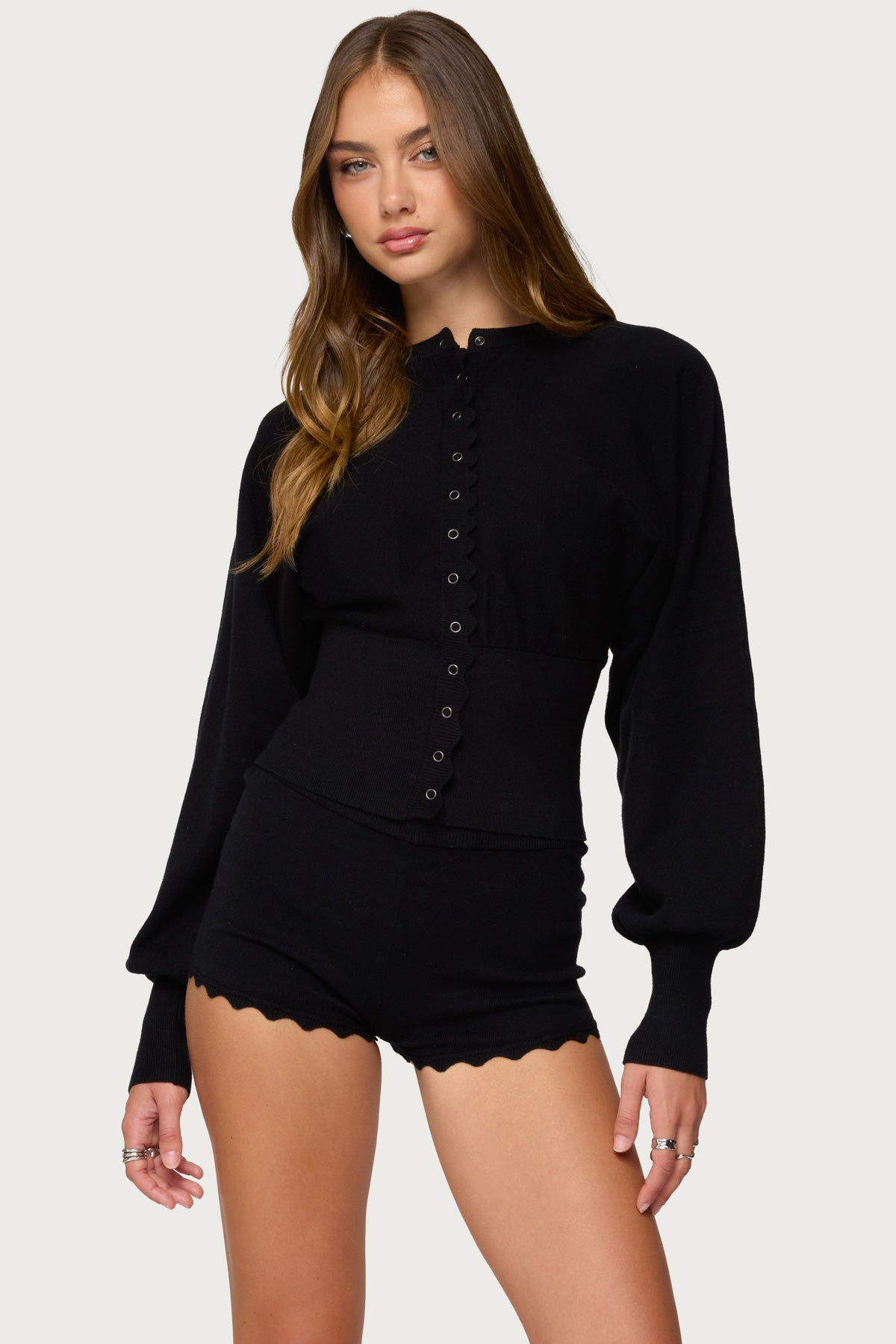 Maizy Puff Sleeve Scalloped Knit Cardigan-Milans Time