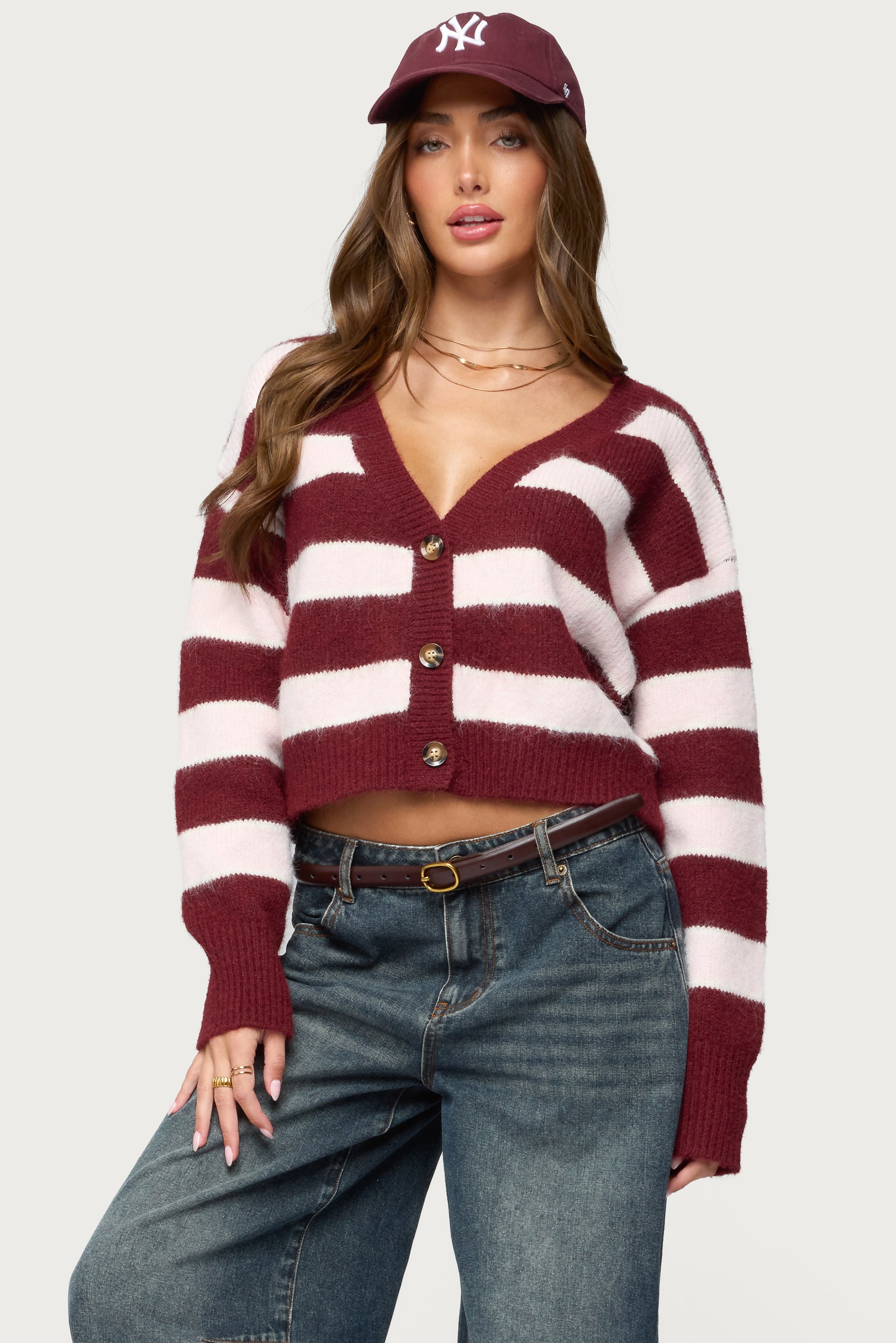 Kaz Striped Knit V Neck Cardigan-Milans Time