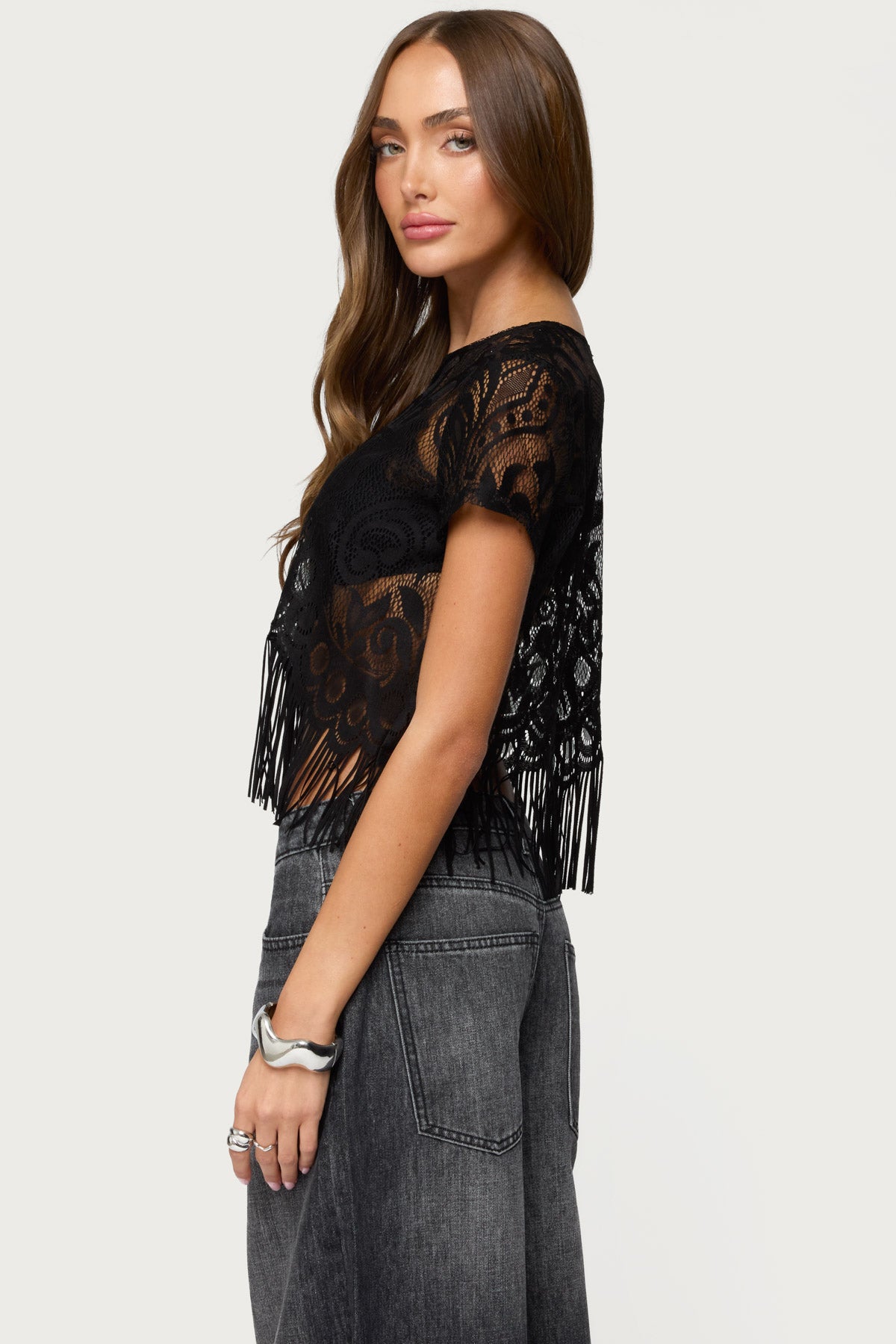 Kira Sheer Lace Fringe Top-Milans Time