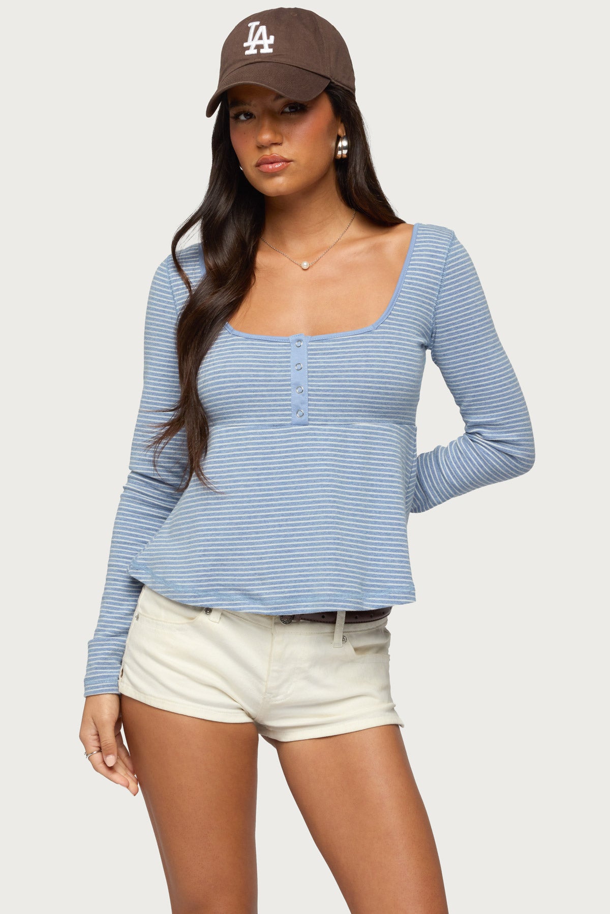 Sare Striped Babydoll Henley Top-Milans Time