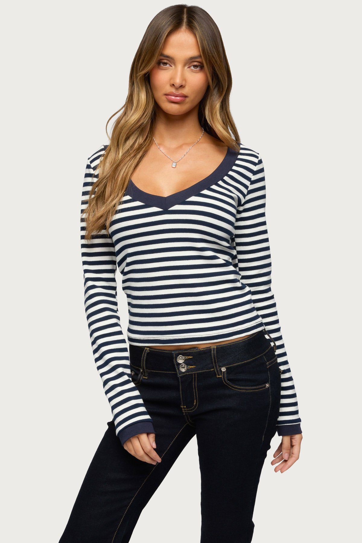 Kimi Striped Long Sleeve V Neck Top-Milans Time
