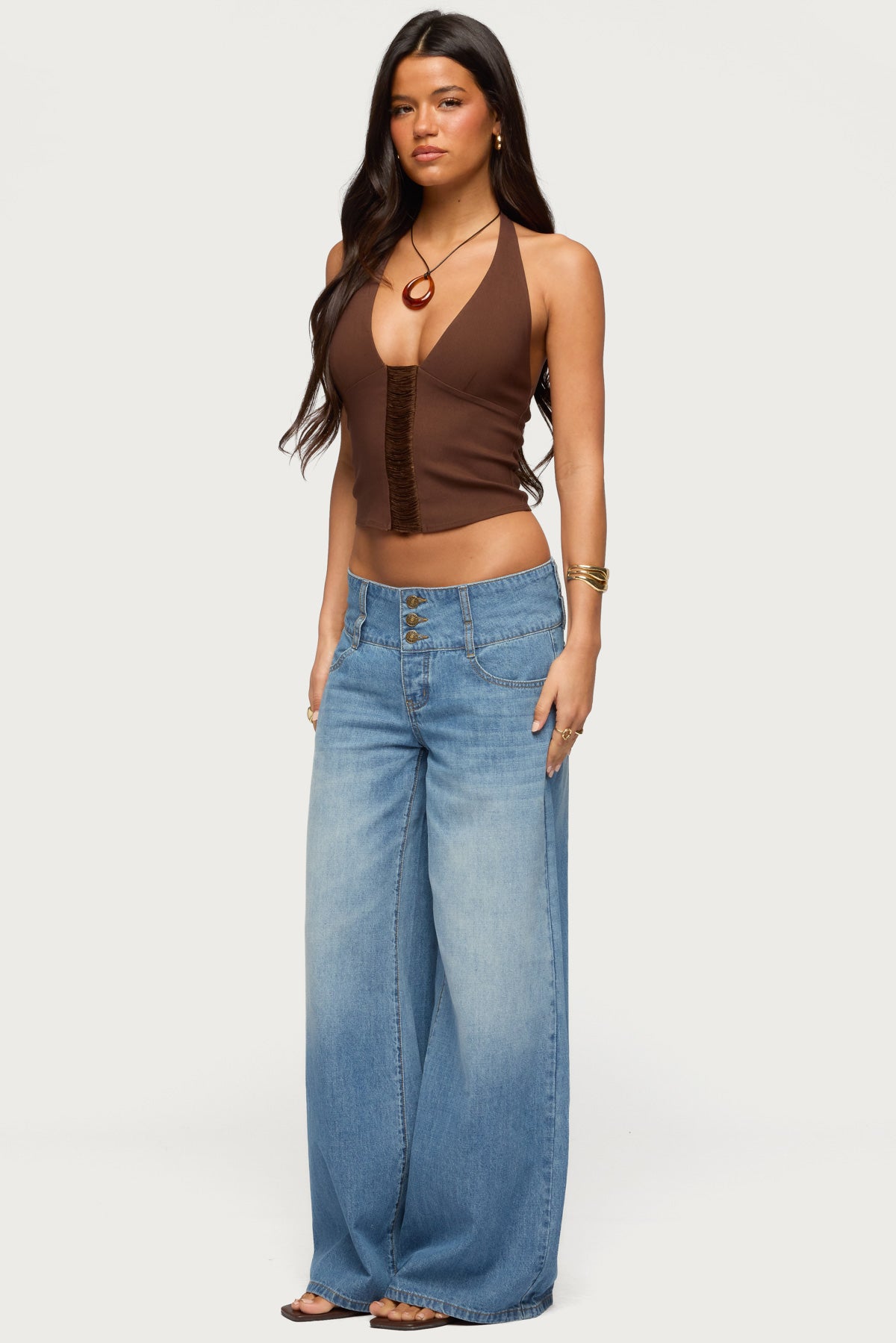 Wide Waistband Low Rise Baggy Jeans-Milans Time