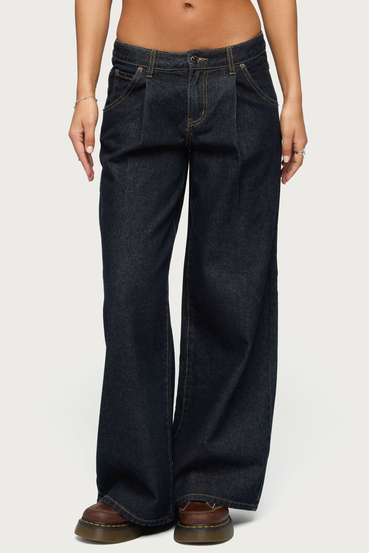 Pleated Low Rise Wide Leg Jeans-Milans Time