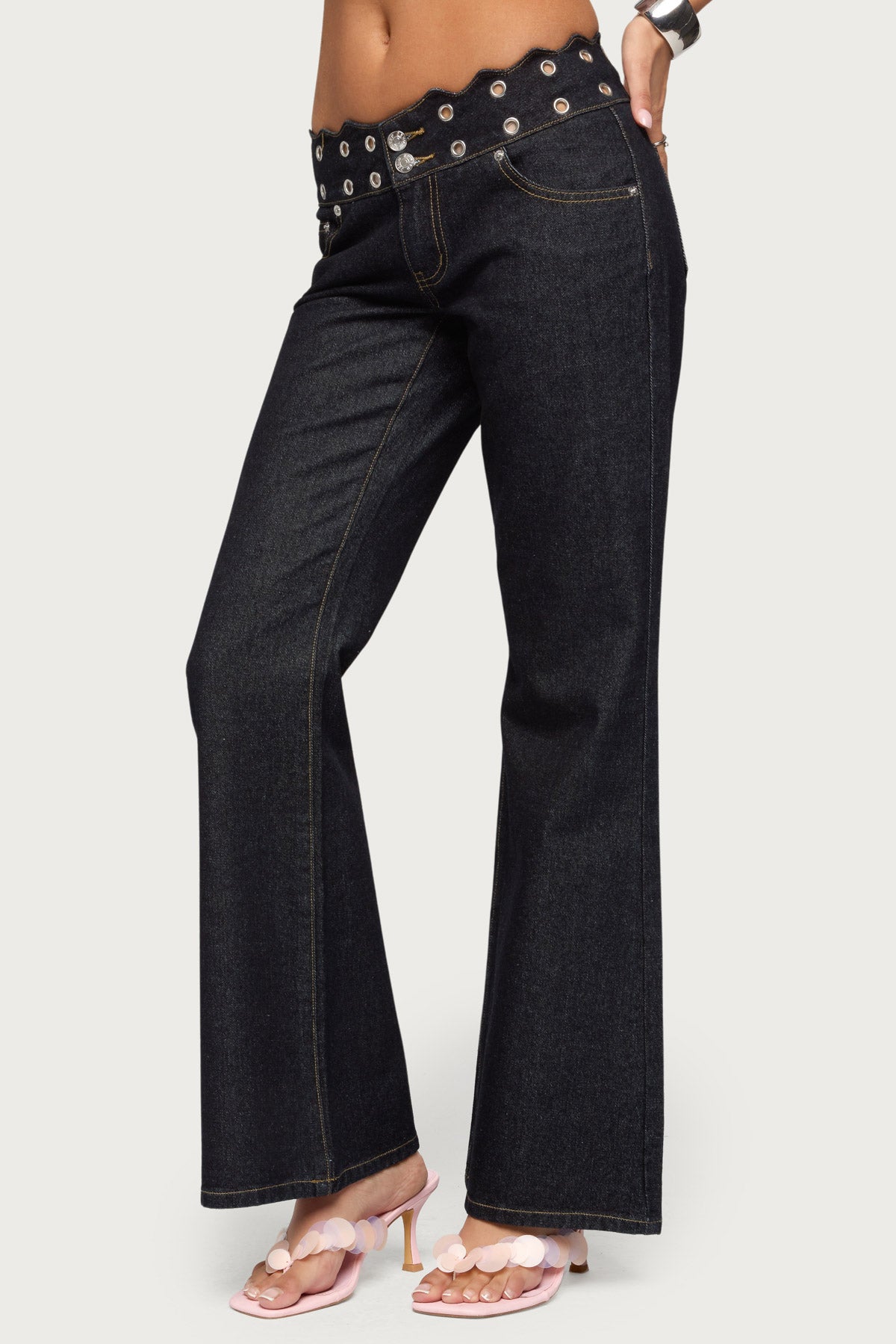 Scalloped Grommet Low Rise Bootcut Jeans-Milans Time