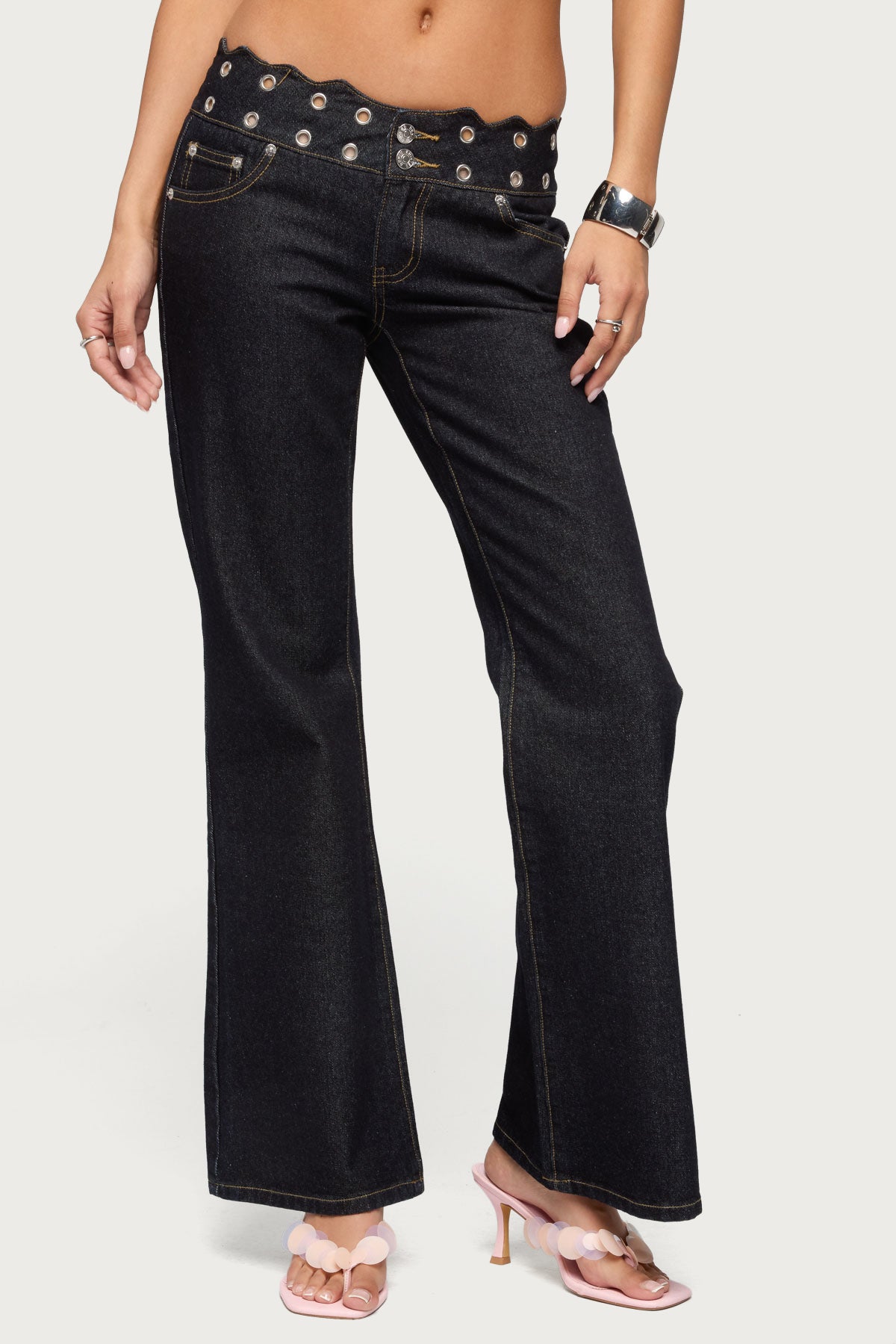 Scalloped Grommet Low Rise Bootcut Jeans-Milans Time