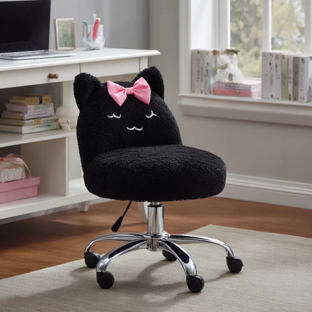 Drehstuhl Plüsch Katzenmotiv Schwarz 40x38x40-50 cm mit Rosa Schleife – Kindgerecht