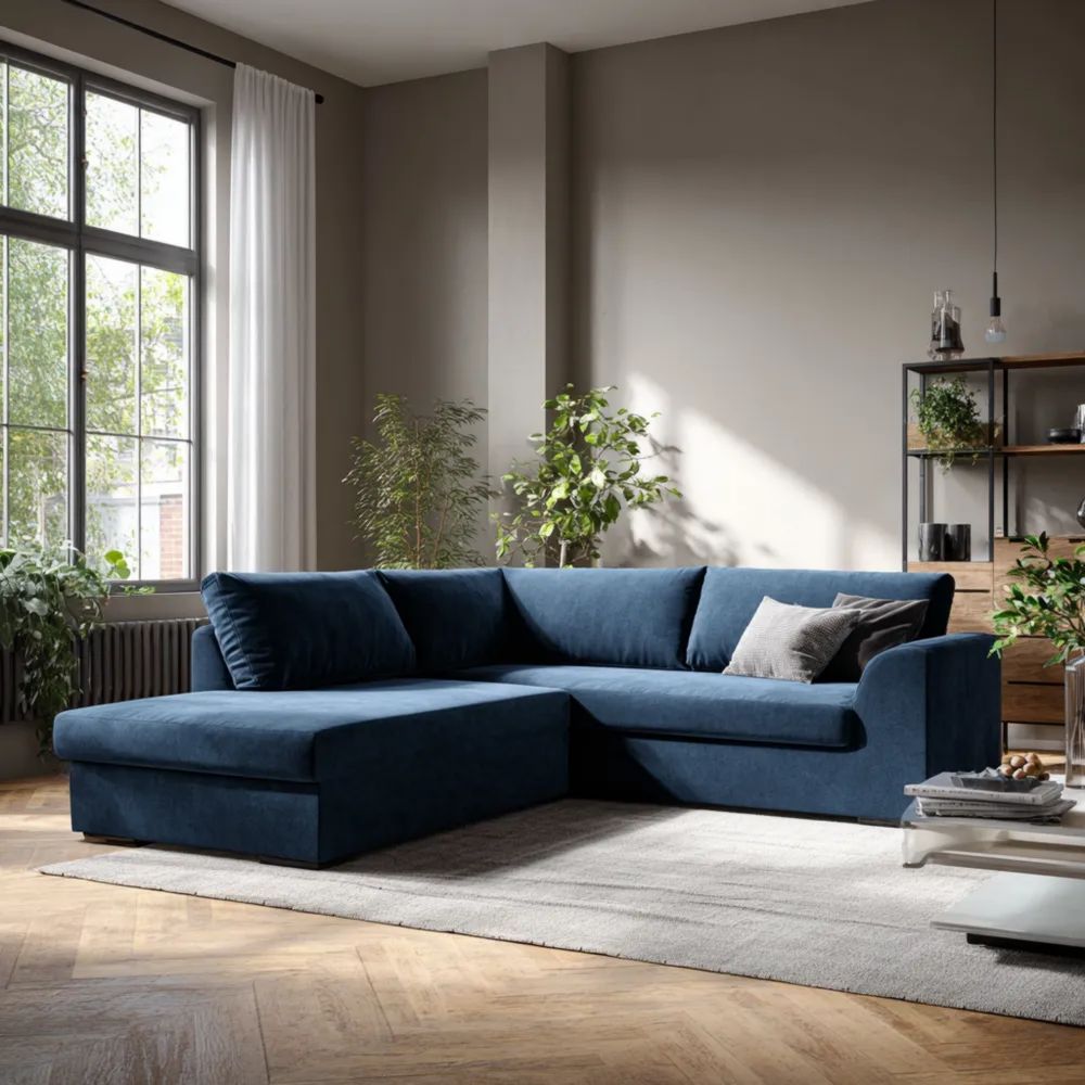 Canapé d'angle en tissu 250x150x90 cm – Bleu – Design contemporain