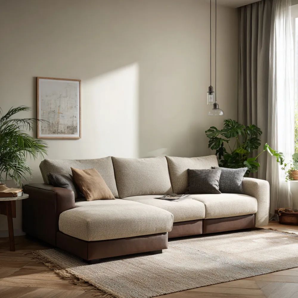 Canapé d'angle 250x150x85 cm en Tissu et Similicuir – Beige/Marron – Design moderne