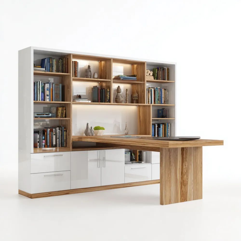 Bureau en Bois et Blanc 200x180x40 cm - Étagères Intégrées - Design Moderne