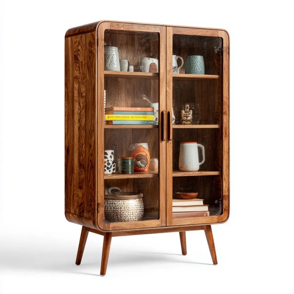 Vitrine en Bois Massif avec Portes en Verre - 140x80x40 cm - Bois Naturel