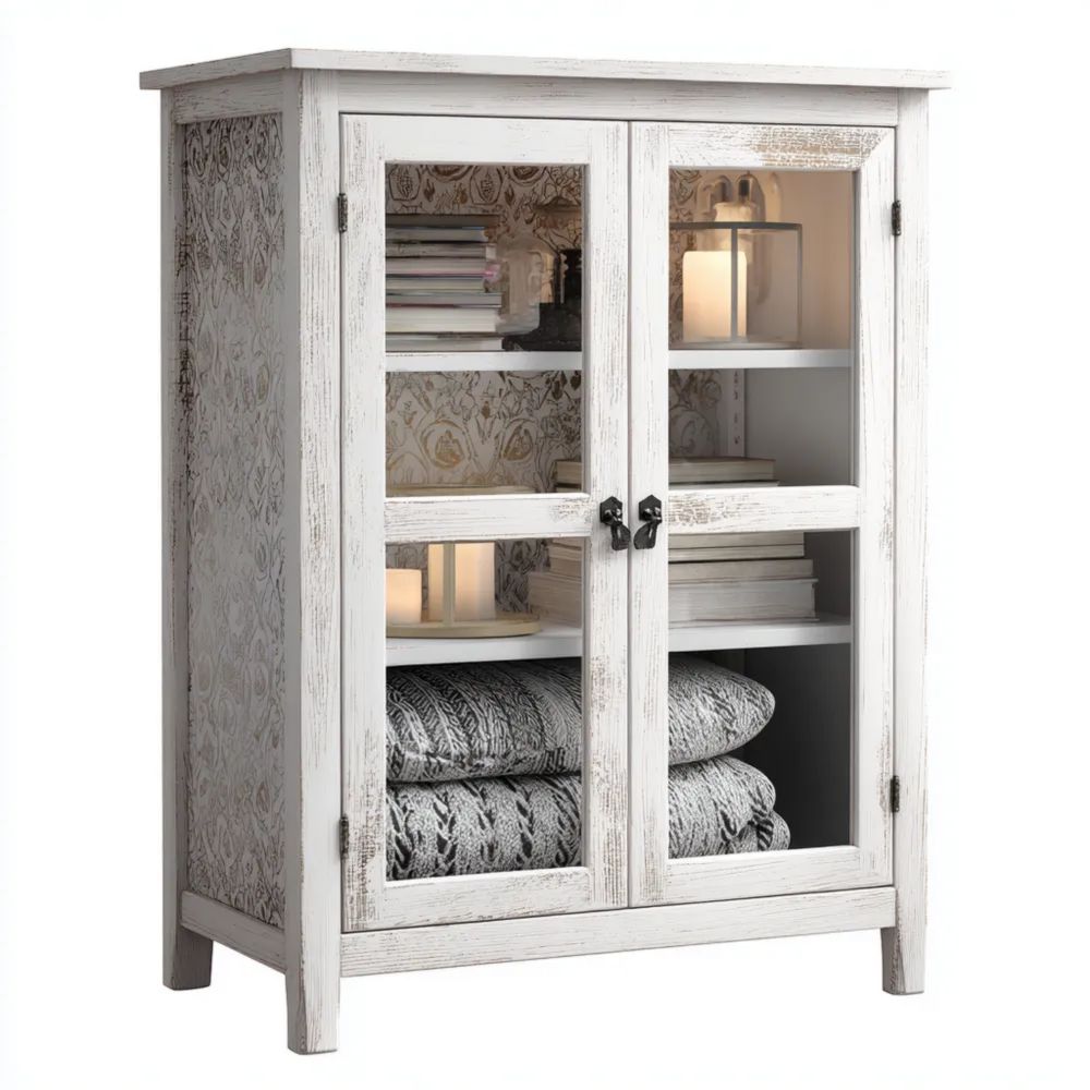 Armoire en Bois avec Portes Vitrées 80x40x120 cm - Blanc - Style Rustique