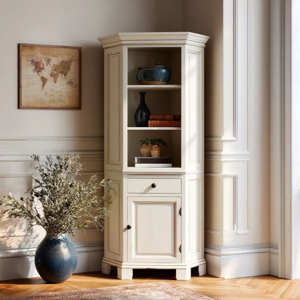 Armoire d'angle en bois 190x60x40 cm – Blanc Cassé – Style Classique
