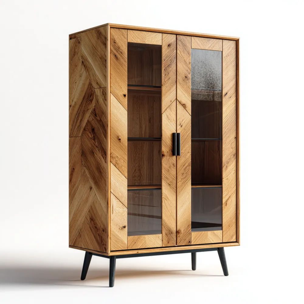 Armoire en Bois Naturel avec Portes en Verre – 120x40x180 cm – Design Contemporain