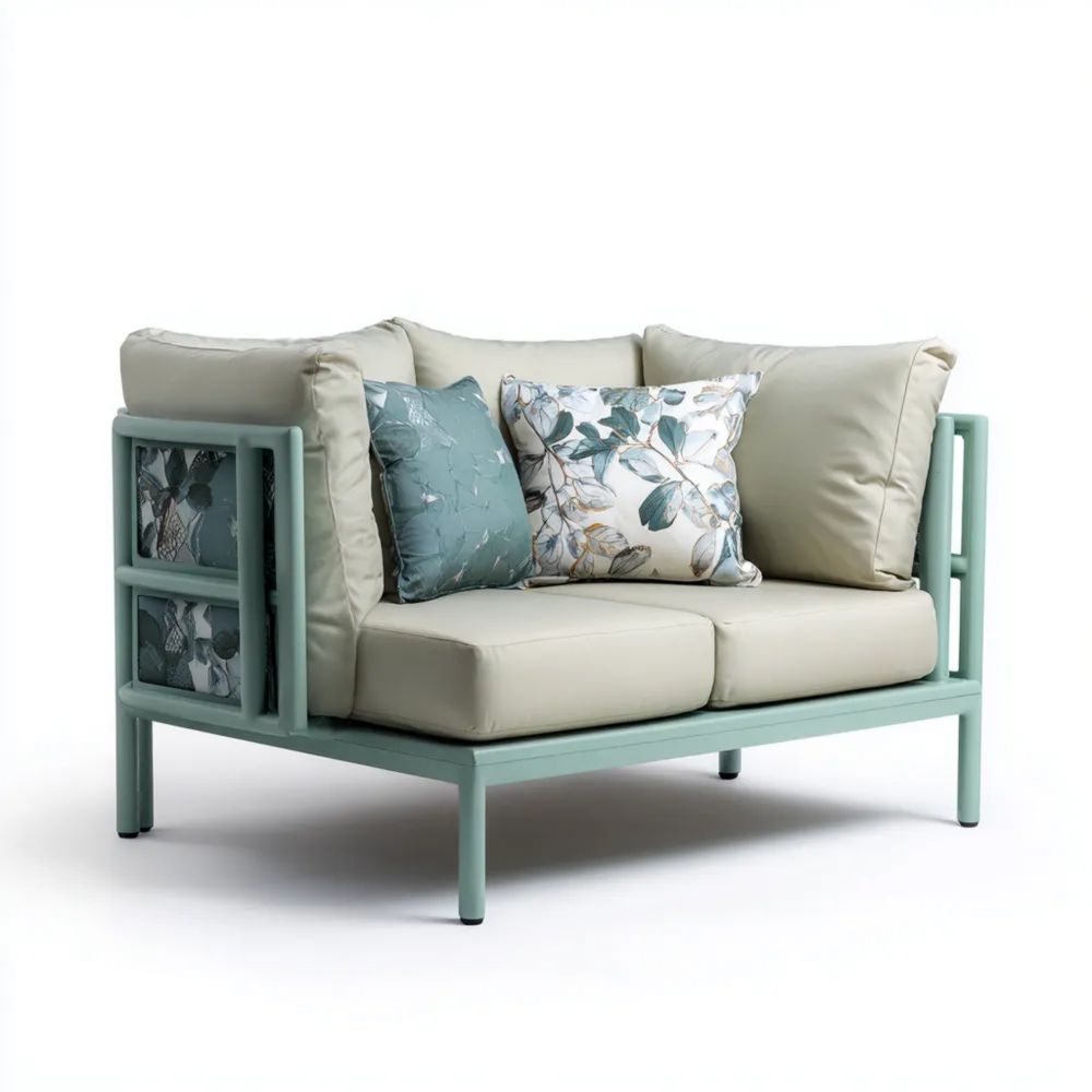 Canapé Deux Places de Jardin 130x75x80 cm en Métal avec Coussins – Vert Menthe – Design Contemporain