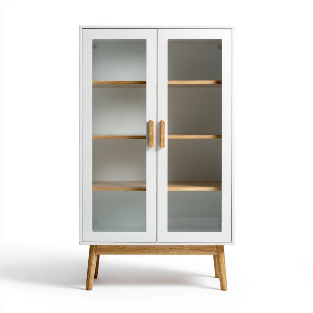 Armoire à vitrine en bois et verre 180x80x40 cm - Blanc/Bois Naturel - Style Scandinave
