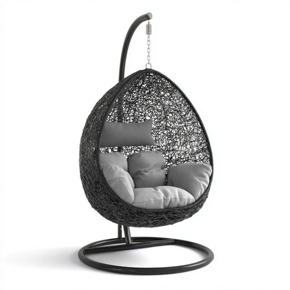 Chaise suspendue en résine tressée 95x105x200 cm avec coussins – Noir et Gris – Design moderne