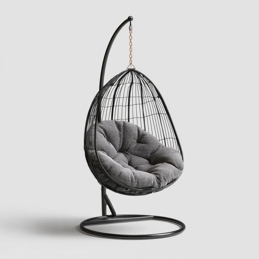 Chaise suspendue en métal 80x75x195 cm avec coussin – Gris – Design moderne