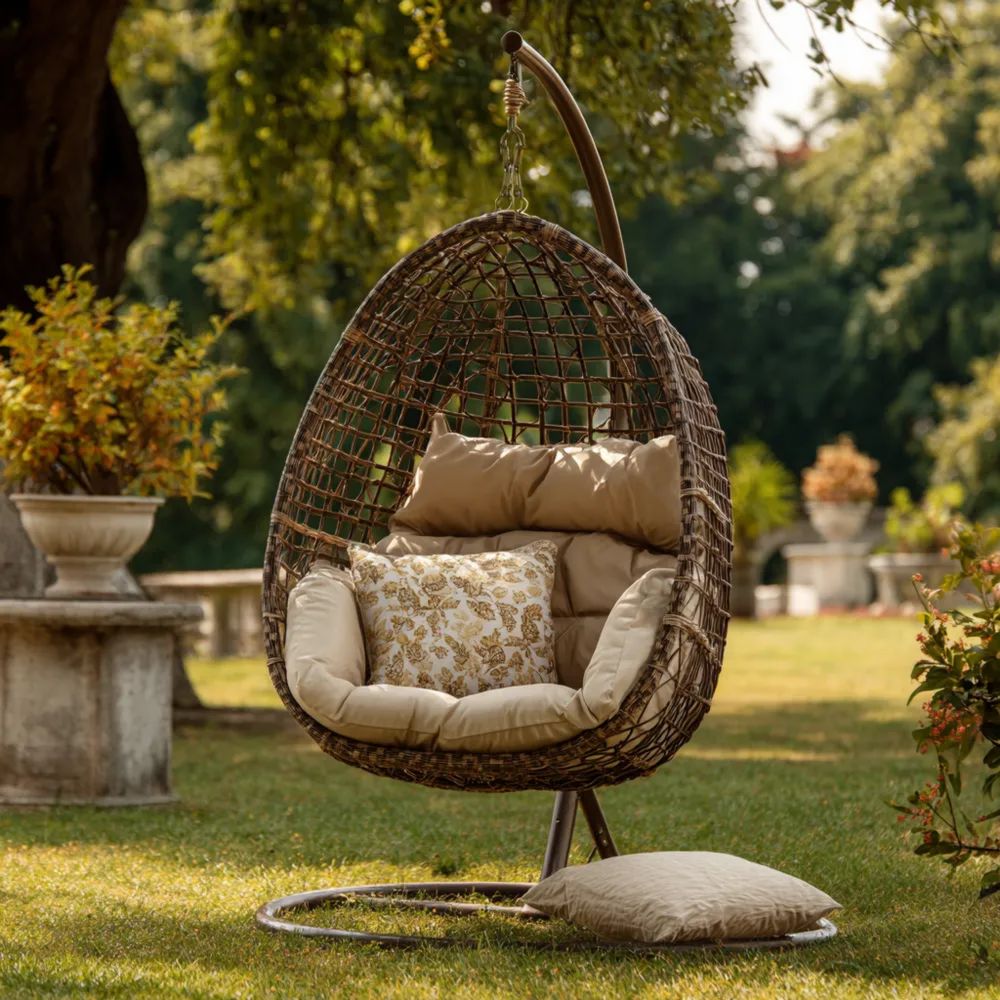 Chaise suspendue en osier 105x90x195 cm avec coussins Beiges - Design extérieur élégant