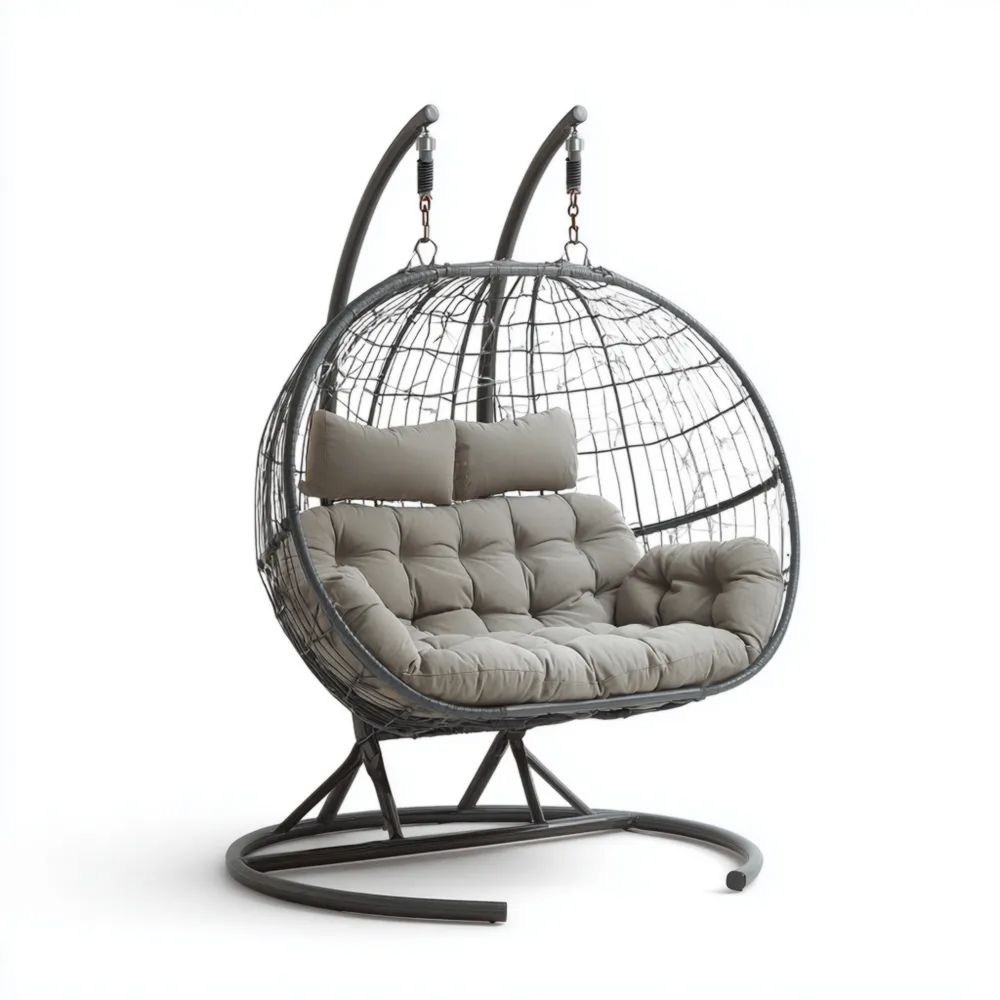 Chaise suspendue en rotin tressé 100x100x195 cm avec coussins rembourrés - Gris