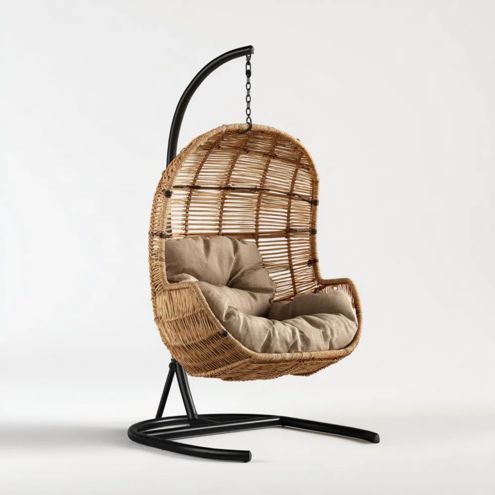 Chaise suspendue en rotin synthétique 100x98x200 cm - Beige/Noir - Coussins inclus - Style moderne