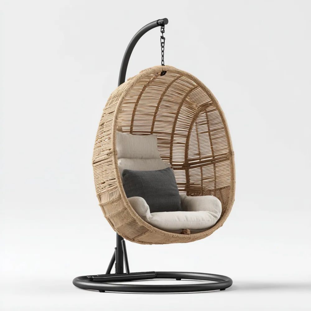 Chaise suspendue en rotin synthétique et métal 105x105x190 cm - Beige/Noir - Design moderne