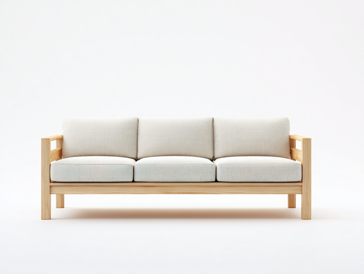 Sofá de 3 plazas de madera y tela 210x85x80cm - Beige-Madera natural - Diseño contemporáneo-Homigetmart