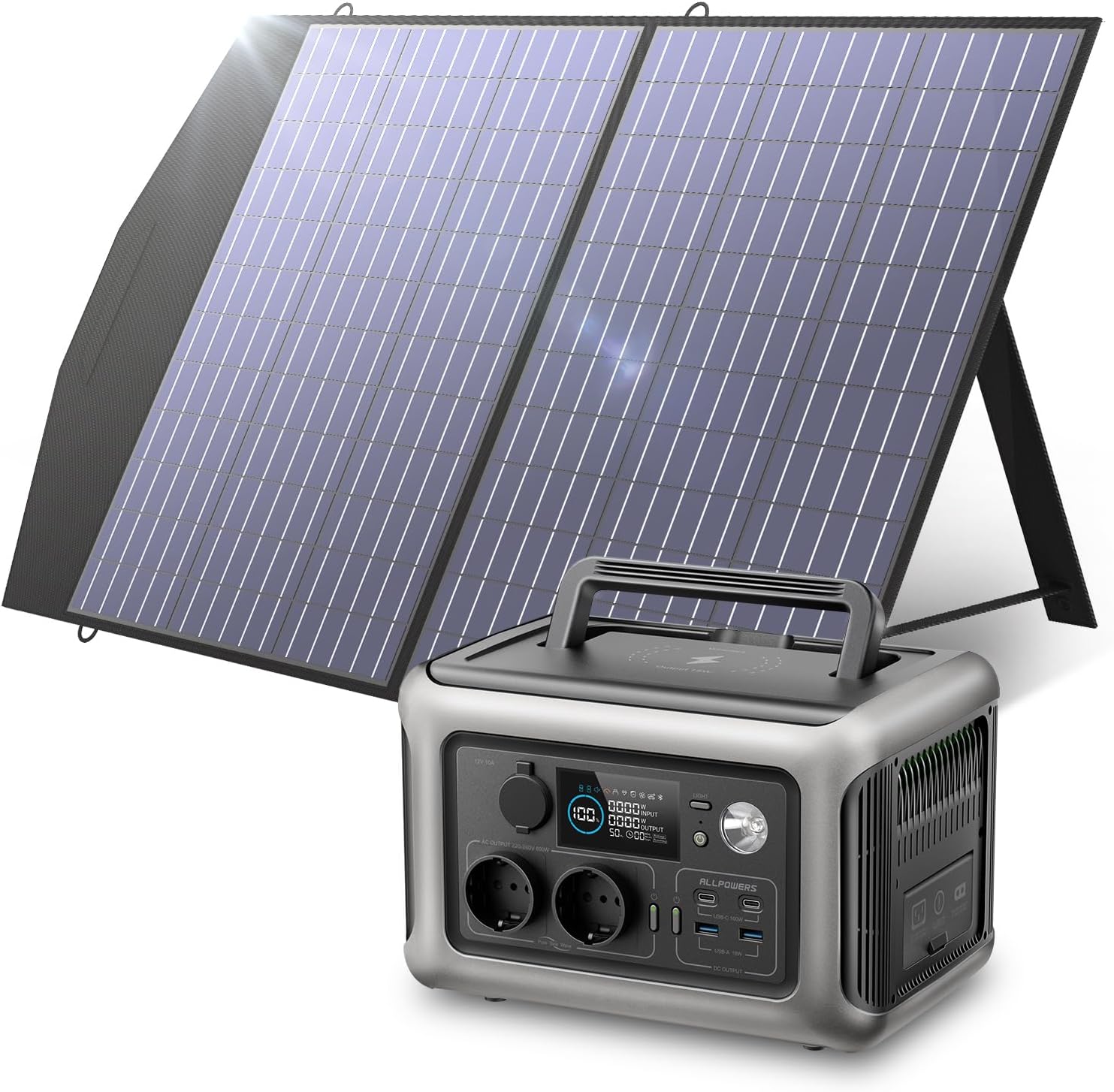 Tragbare Powerstation 299Wh 600W Schwarz – Solargenerator mit 100W Solarpanel für Camping-Sofauplab