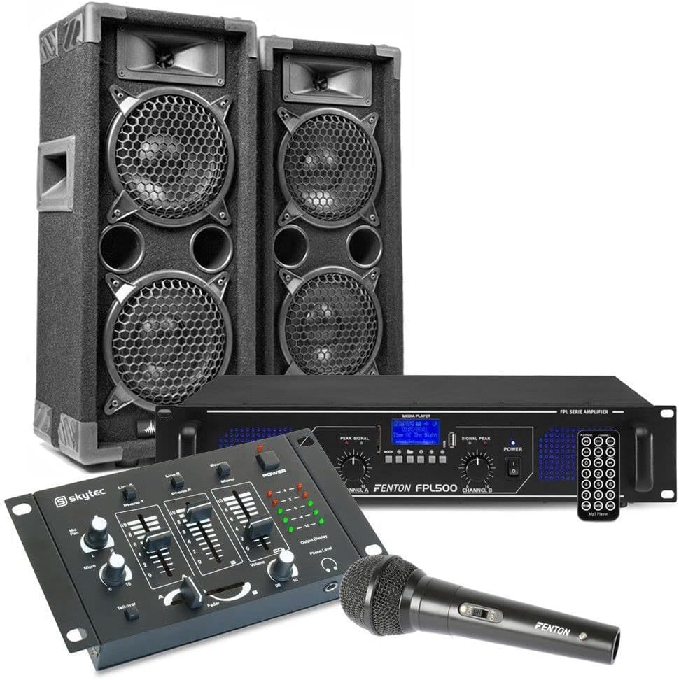 MAX26 PA Anlage Set 1200W – schwarz blau – DJ Lautsprecher mit Verstärker Mikrofon-Sofauplab
