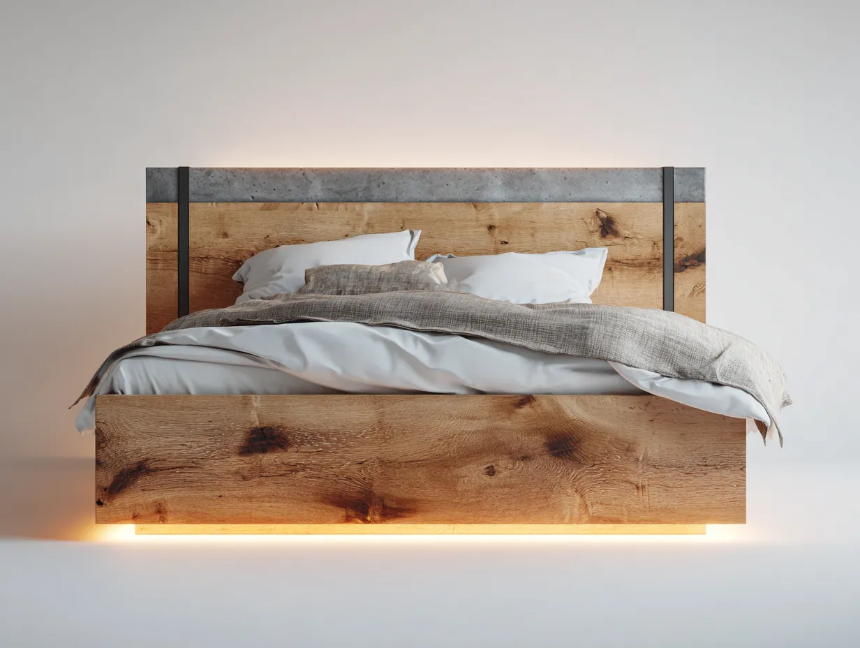 Doppelbett-Holz-Metall-216x198x110 cm-Naturholz-Graues Akzent-Industrie Stil-Sofauplab