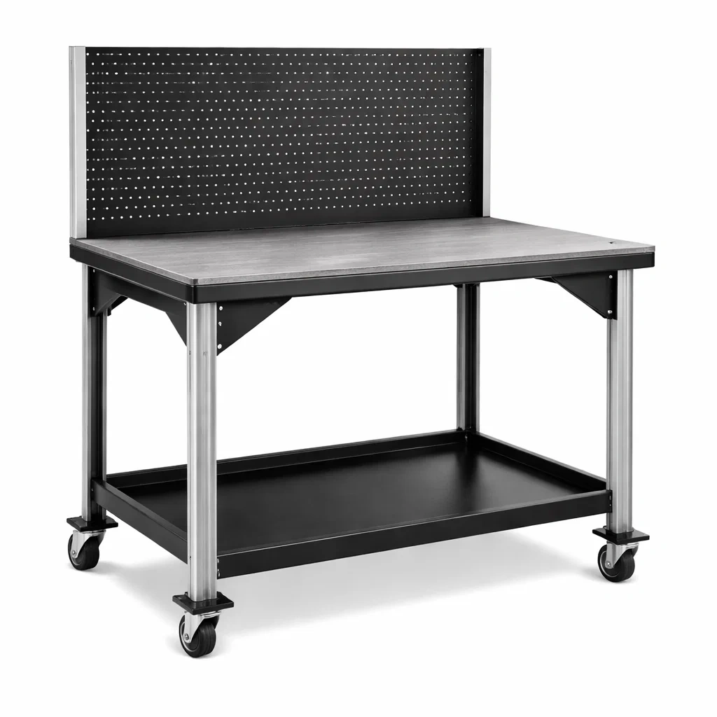 Banco da lavoro in Acciaio e Legno con Ruote 120x60x150 cm Nero-MODERNOASISLIVING