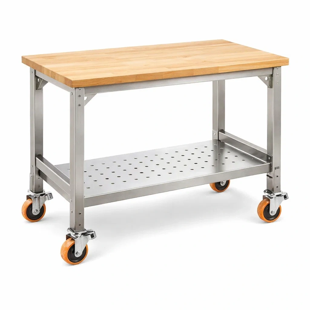 Banco da lavoro in Legno Massello e Acciaio Inox con Ruote-MODERNOASISLIVING