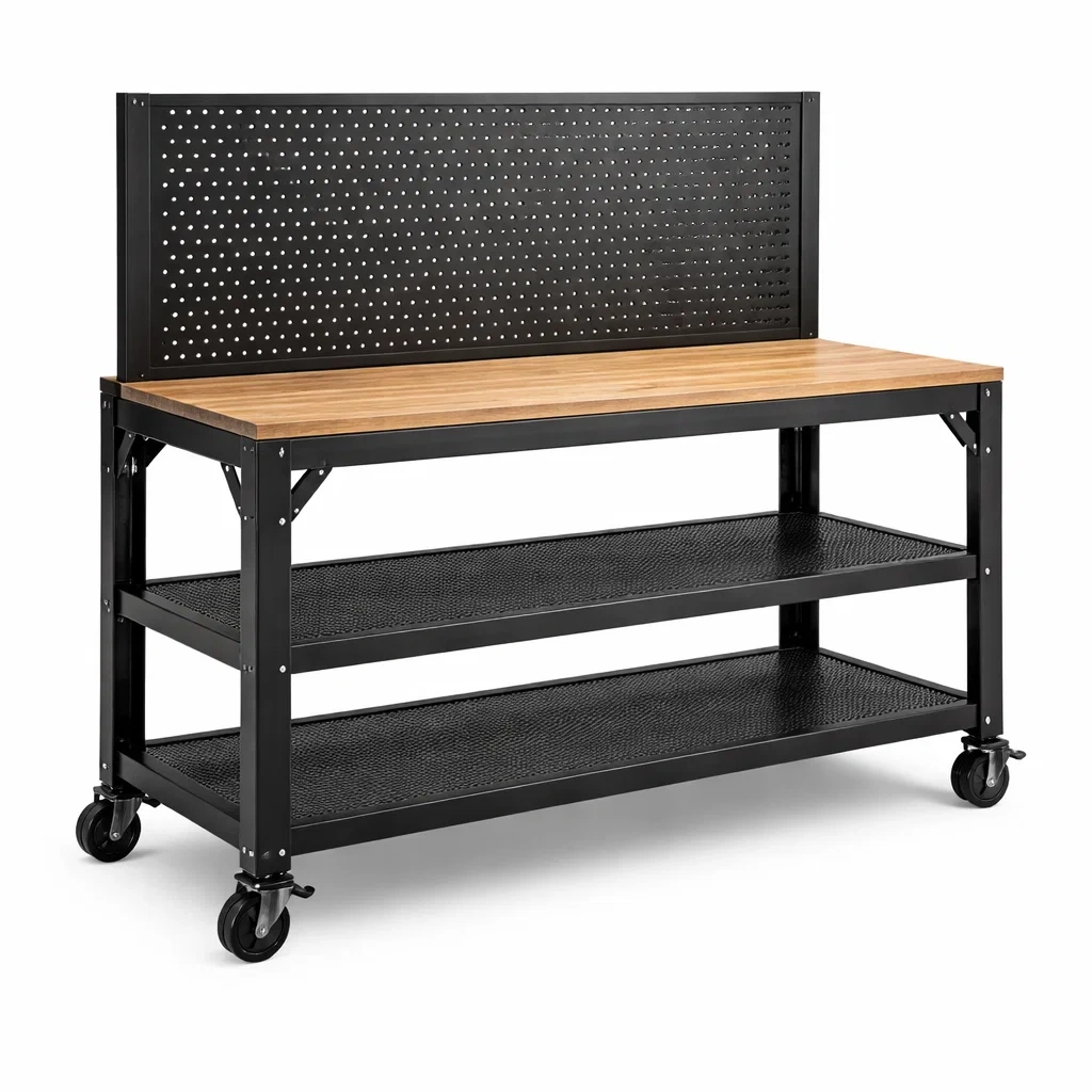 Banco da lavoro in Legno Massiccio e Acciaio con Ruote Poliuretaniche-MODERNOASISLIVING