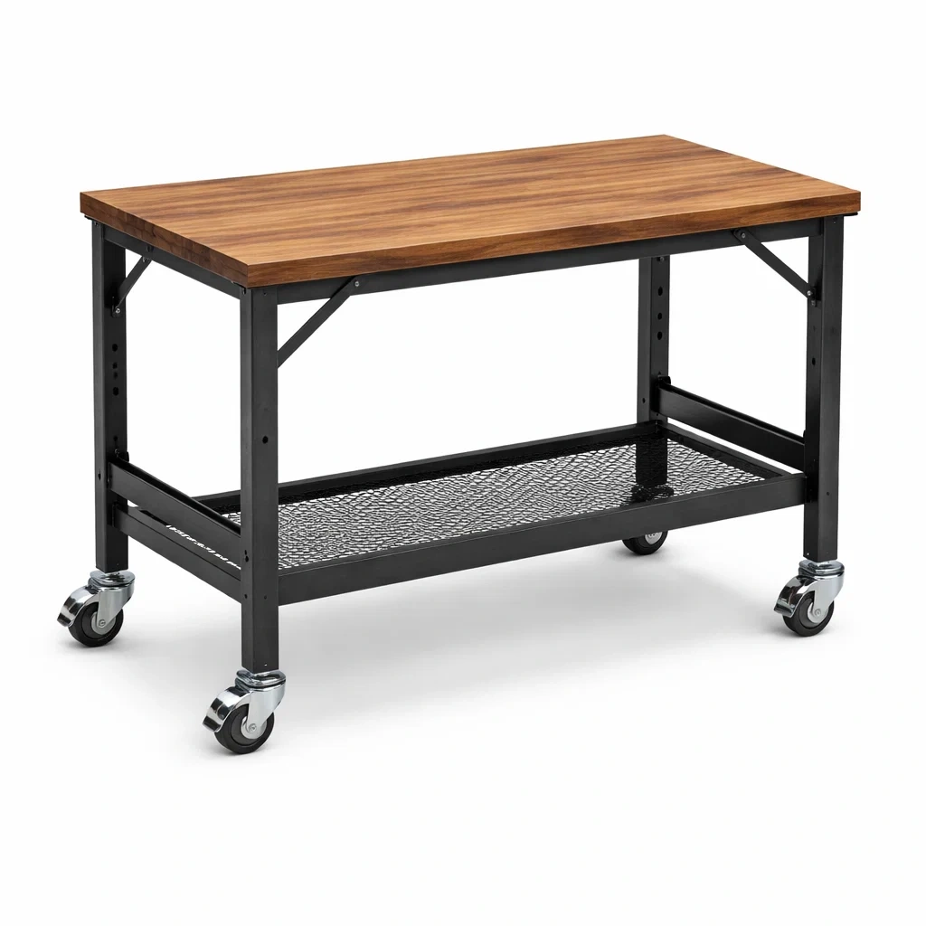 Banco da lavoro con Ruote in Legno e Acciaio-MODERNOASISLIVING