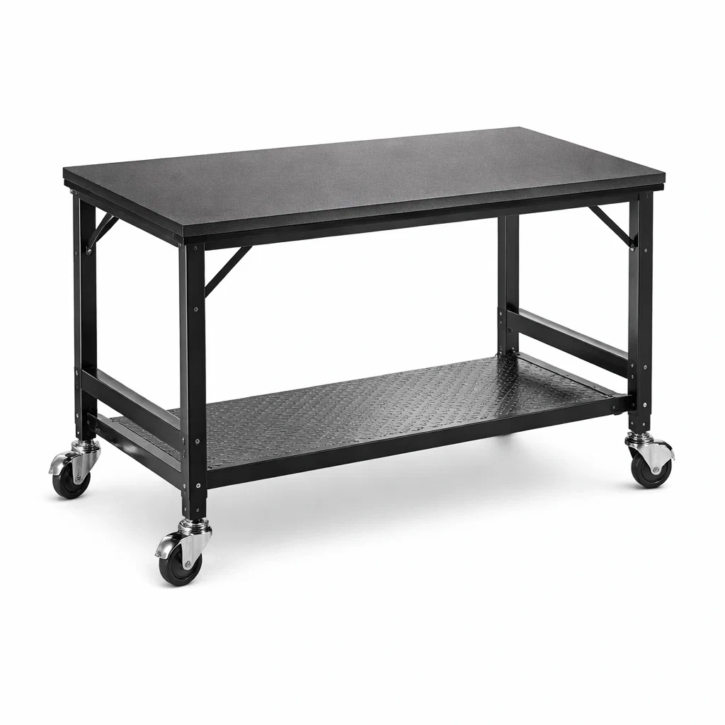 Banco da lavoro in Metallo con Ruote e Ripiano Inferiore Nero-MODERNOASISLIVING