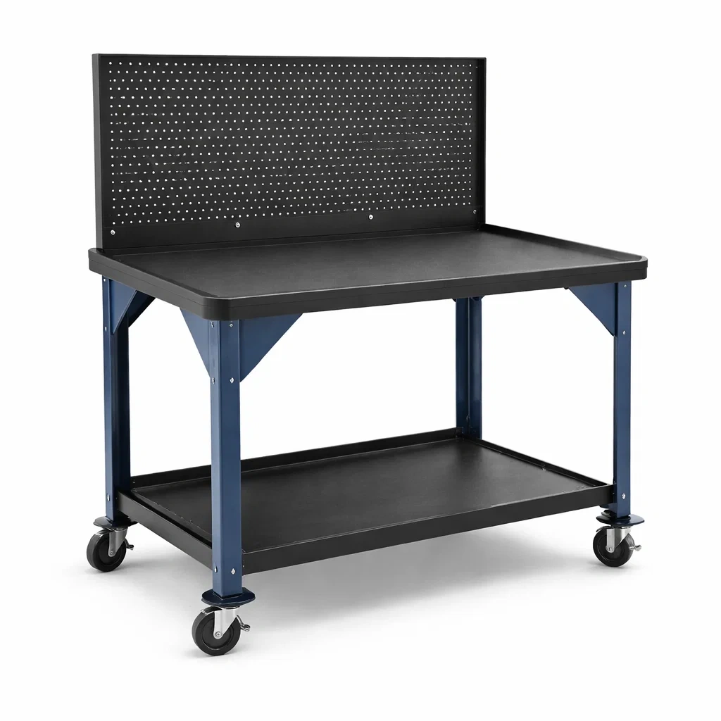 Banco da lavoro in Metallo con Ruote e Pannello Forato Nero Blu-MODERNOASISLIVING
