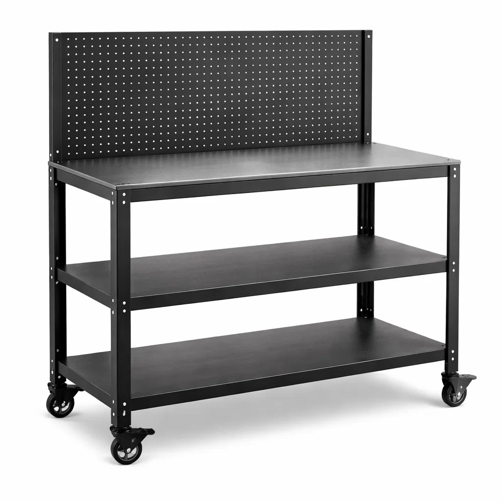 Banco da lavoro in Acciaio Nero con Pannello Forato e Ripiani-MODERNOASISLIVING