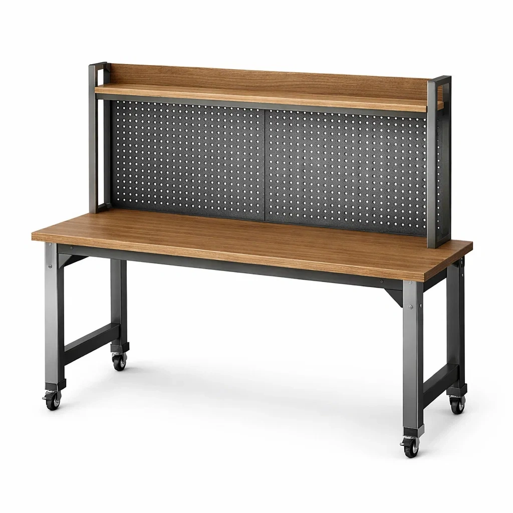 Banco da lavoro in Legno e Acciaio con Ruote e Pannello Forato-MODERNOASISLIVING