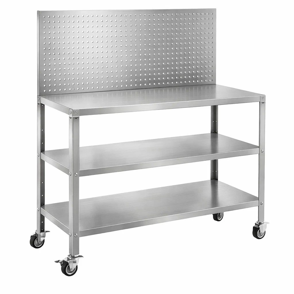Banco da lavoro in Acciaio Inox con Ruote e Pannello Forato-MODERNOASISLIVING
