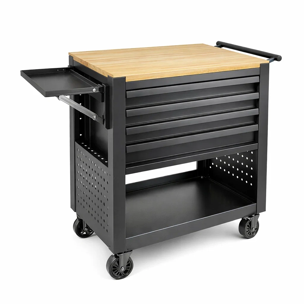 Carrello portautensili in Metallo con Piano in Legno e 4 Cassetti Nero-MODERNOASISLIVING