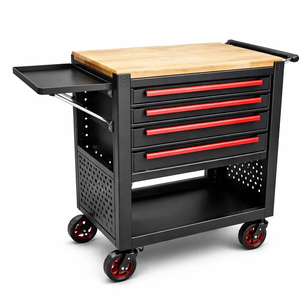 Carrello portautensili in Metallo con Piano in Legno e 4 Cassetti-MODERNOASISLIVING