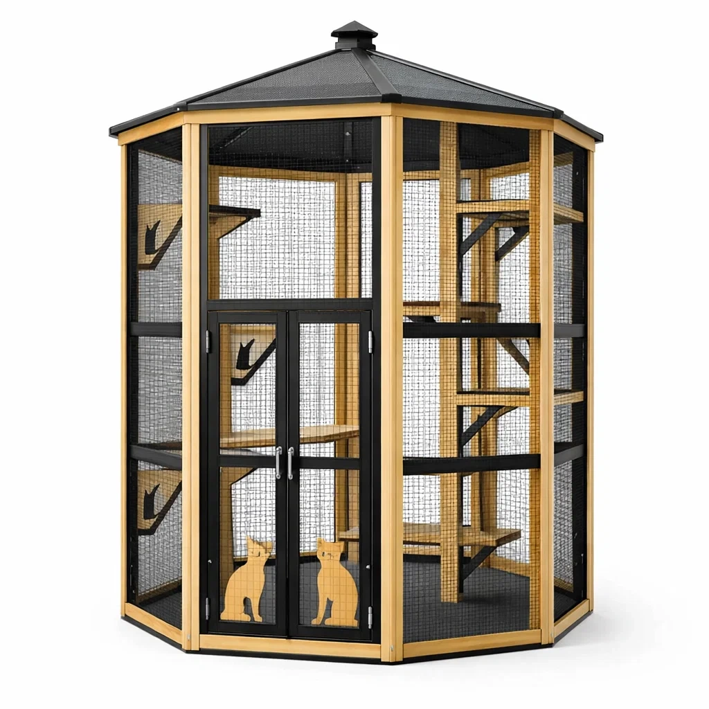 Gabbia per gatti Ottagonale in Legno di Pino e Metallo Nero-MODERNOASISLIVING