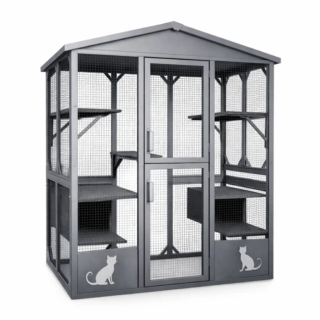 Gabbia per gatti in Acciaio con Ripiani Grigi-MODERNOASISLIVING