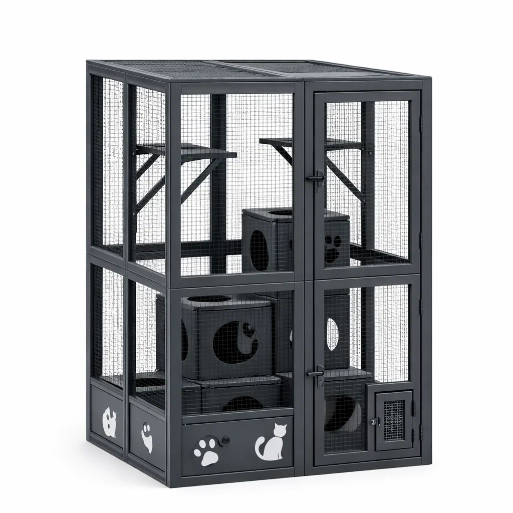 Gabbia per gatti in Metallo Nero Multilivello-MODERNOASISLIVING