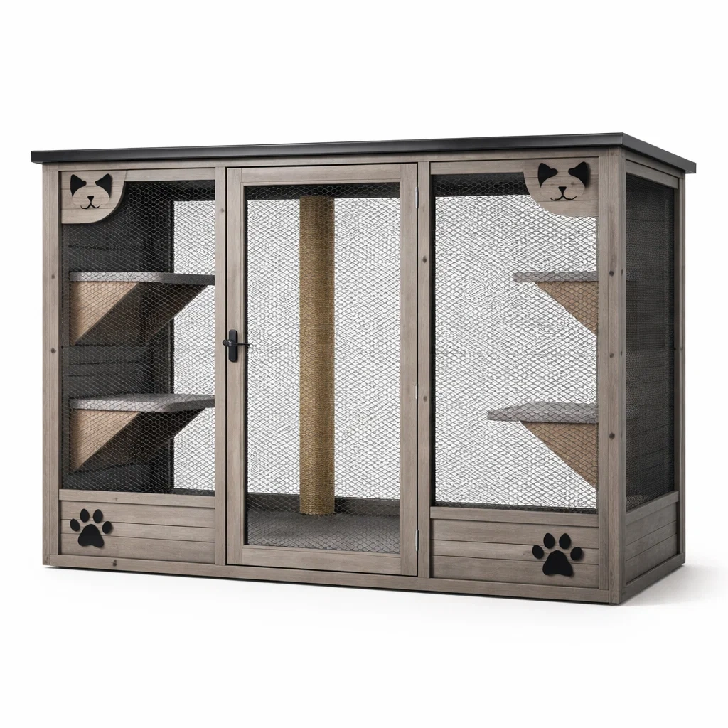 Gabbia per gatti in Legno Grigio con Rete Metallica e Sisal-MODERNOASISLIVING