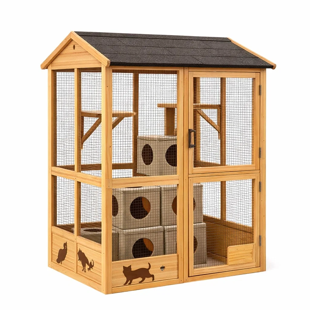 Gabbia per gatti in Legno di Abete e Rete Metallica-MODERNOASISLIVING