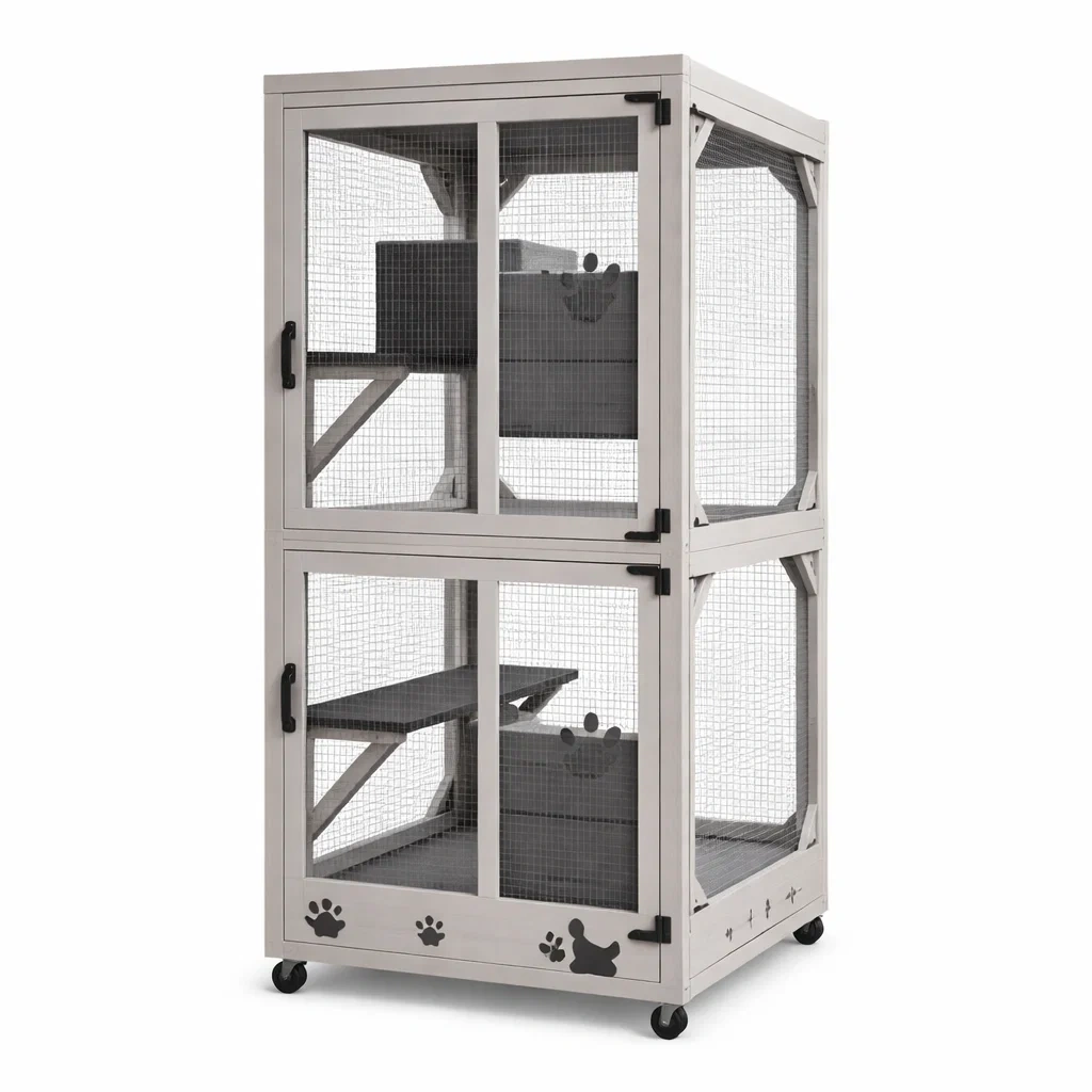 Gabbia per gatti in Legno di Pino e Acciaio Zincato Grigio-MODERNOASISLIVING